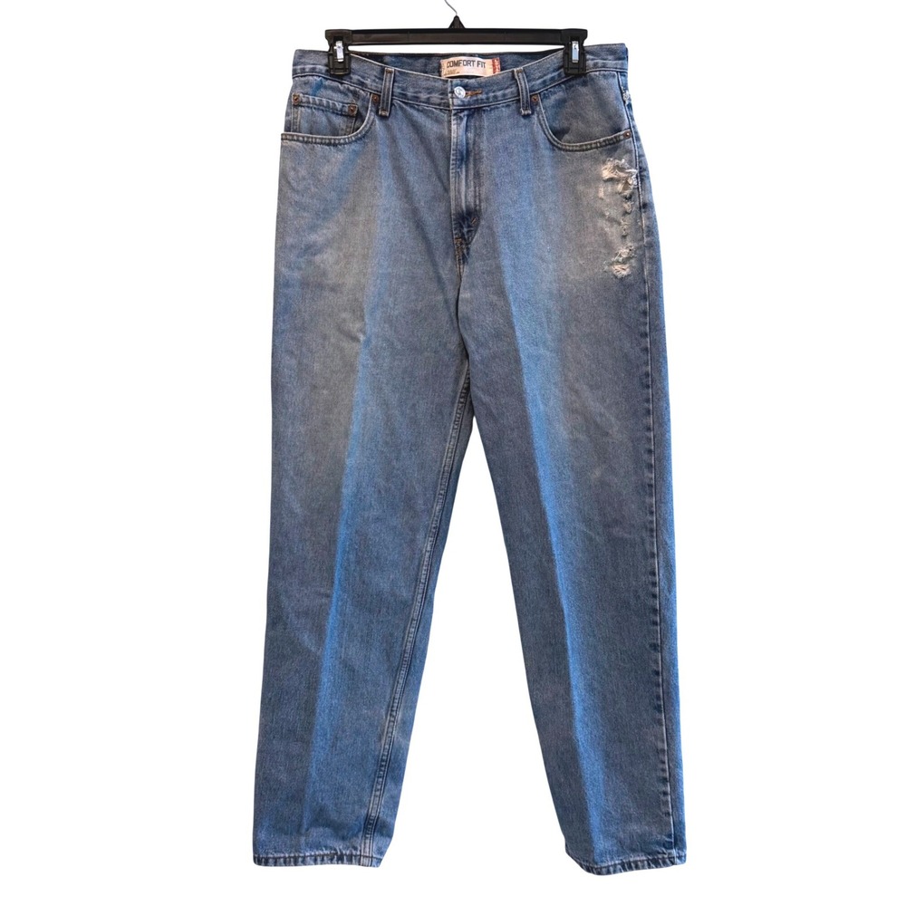 Levis 560 Comfort Fit Jeans Mens 35x33 Light Wash Blue Tapered Leg Distressed